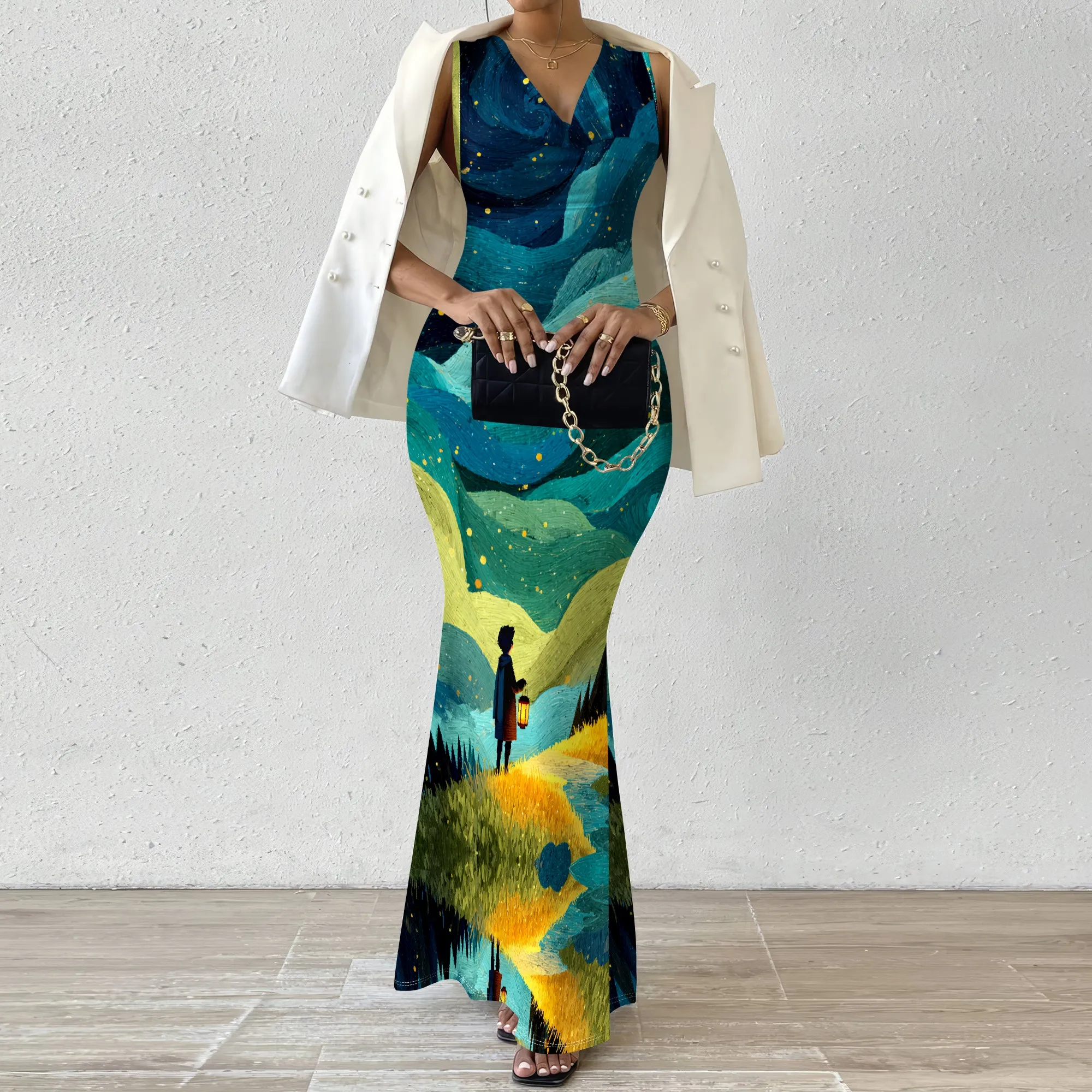 

V-Neck Maxi Dress with Starry Night Landscape Print, Sleeveless, XS-2XL - Perfect for Summer Evenings & Special Occasions