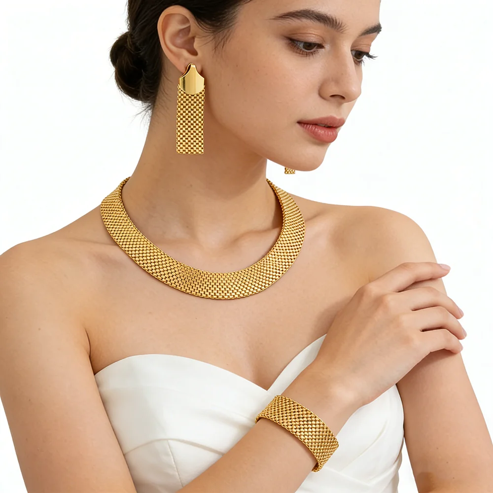 Fashion Width Chain Jewelry Set Big Thick Cuban Link Earrings Bracelet Necklace Women Gold Color High Quality Punk Party Jewelry