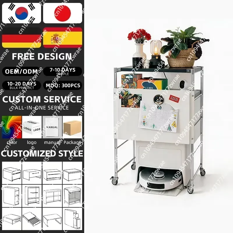 Living Room Metal with Wheels Trolley Storage Rack Adjustable Magnetic Plate 3 Tier Movable Robot Vacuum Cleaner Organize