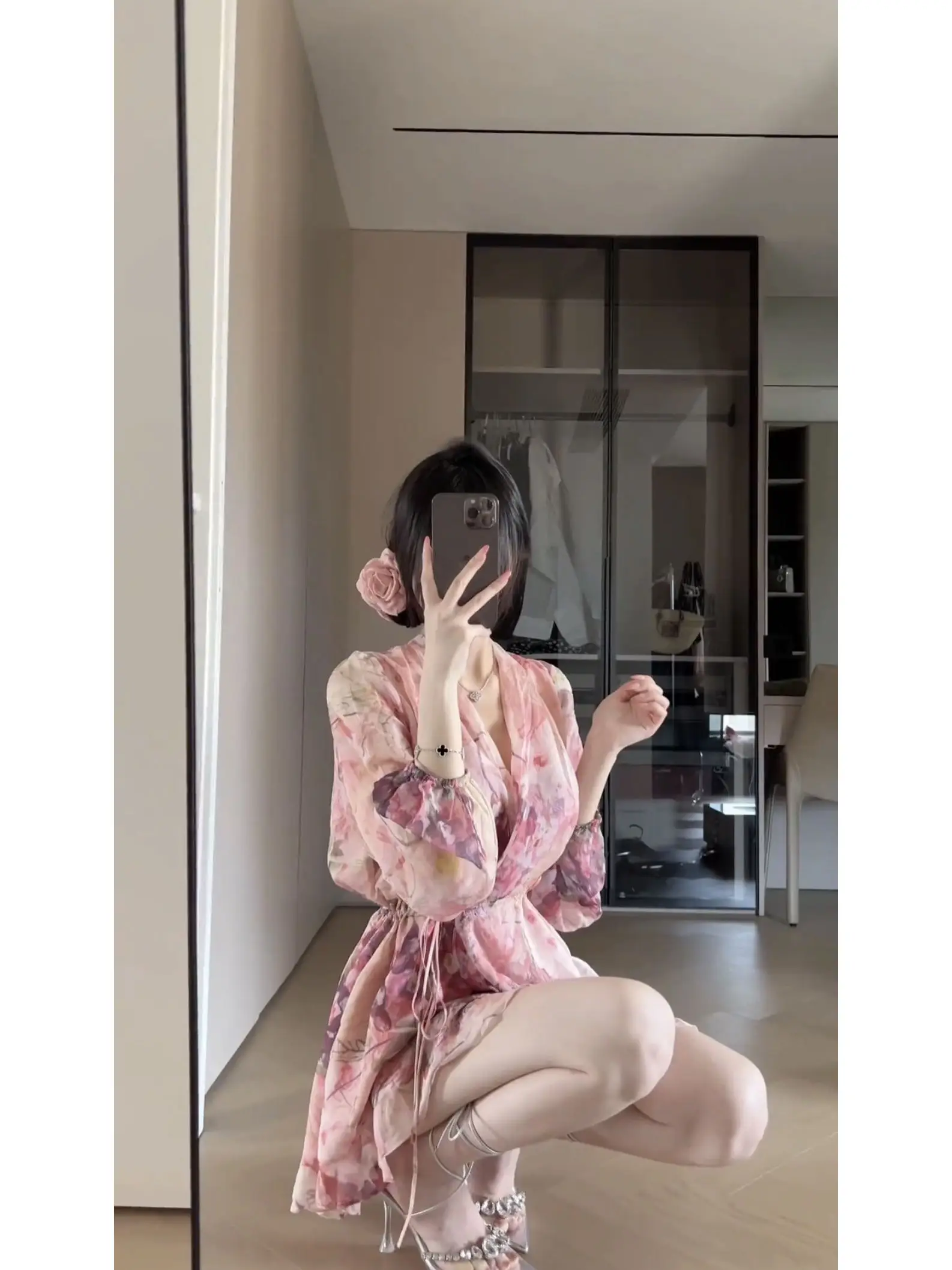 

French Style plus Size Floral Print Maxi Dress Women's Holiday Long Sleeve Chiffon Tea Break Short Skirt High Waist V Neck