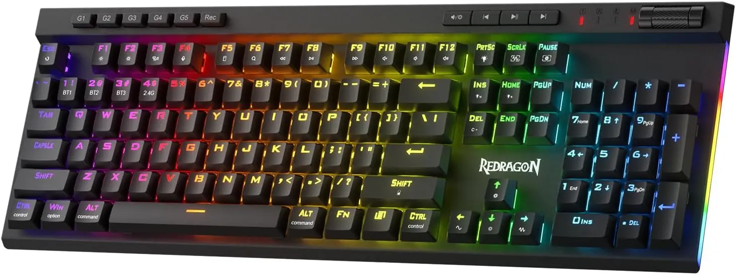 

104 Keys Wireless Mechanical Gaming Keyboard, 3-Mode Connection, Hot-Swap Socket, Dedicated Media Controls, Linear Red Switch