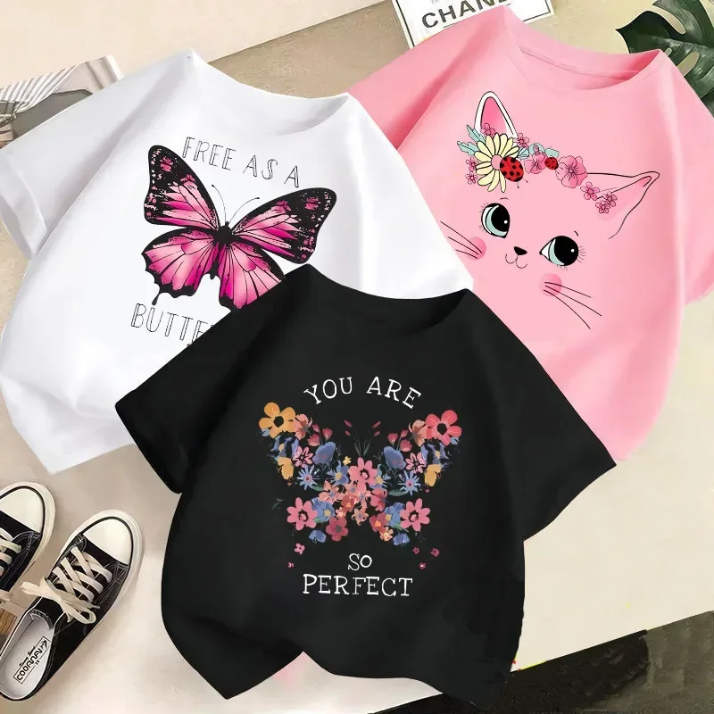 2025 Kawaii Cat Flowers Printed Tshirt Girls Short Sleeve T-Shirt Summer New Children'S Top Fashion Short Sleeves Kids Clothes