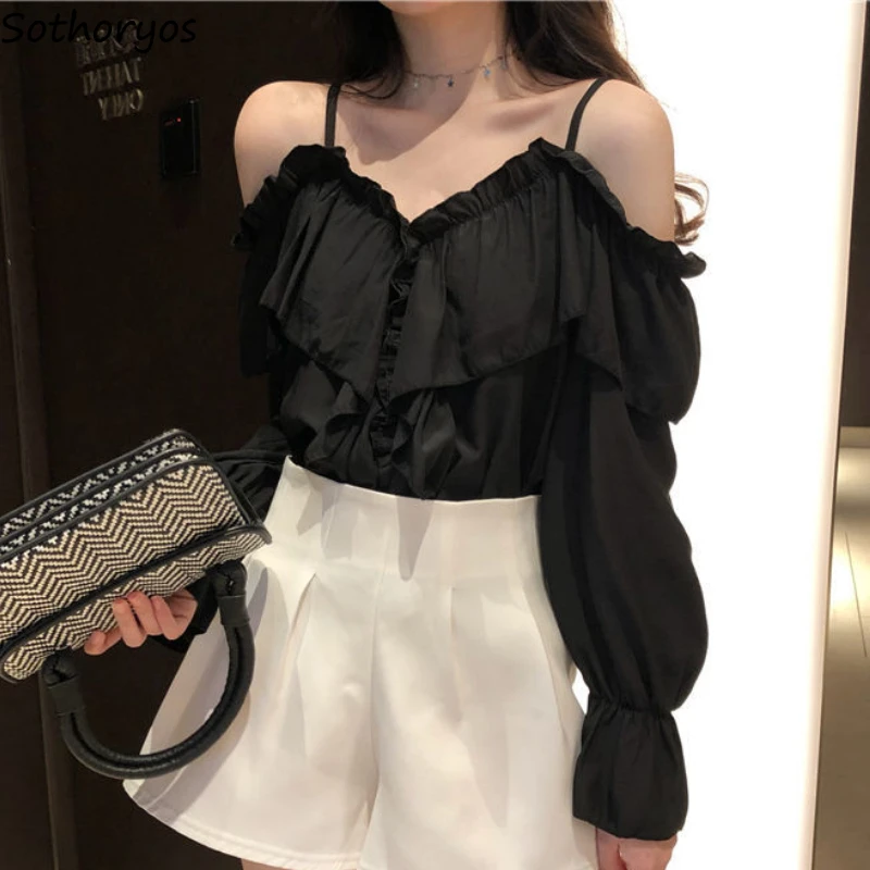 Spring Blouses Women Chic Ruffles Sexy Off-shoulder Trendy Korean Style Flare Long Sleeve Tops Classy Temper Feminine Party Wear