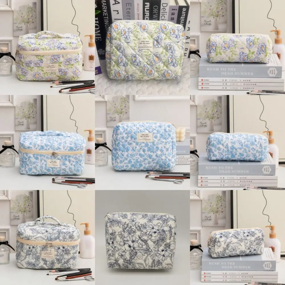 Large Capacity Quilting Cotton Makeup Bag Flower Printed Cloth Handbag Floral Cosmetic Bag Puffy Quilted Zipper