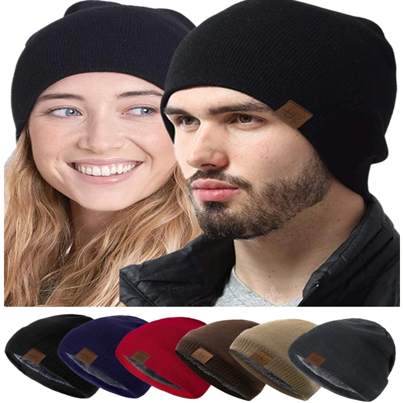 Unisex URGENTMAN Labal Winter Hats Solid Color Knitted Hats For Men And Women Beanie Cap Outdoor Add Fur Lining Warm Sports Hats