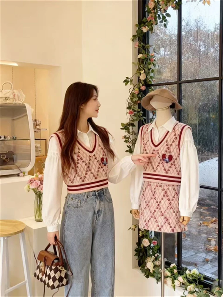 

Корейский комплект из двух предметов для студенток: рубашка и жилет в стиле Sweet Sister, однотонный, для ранней осени, модная повседневная одежда