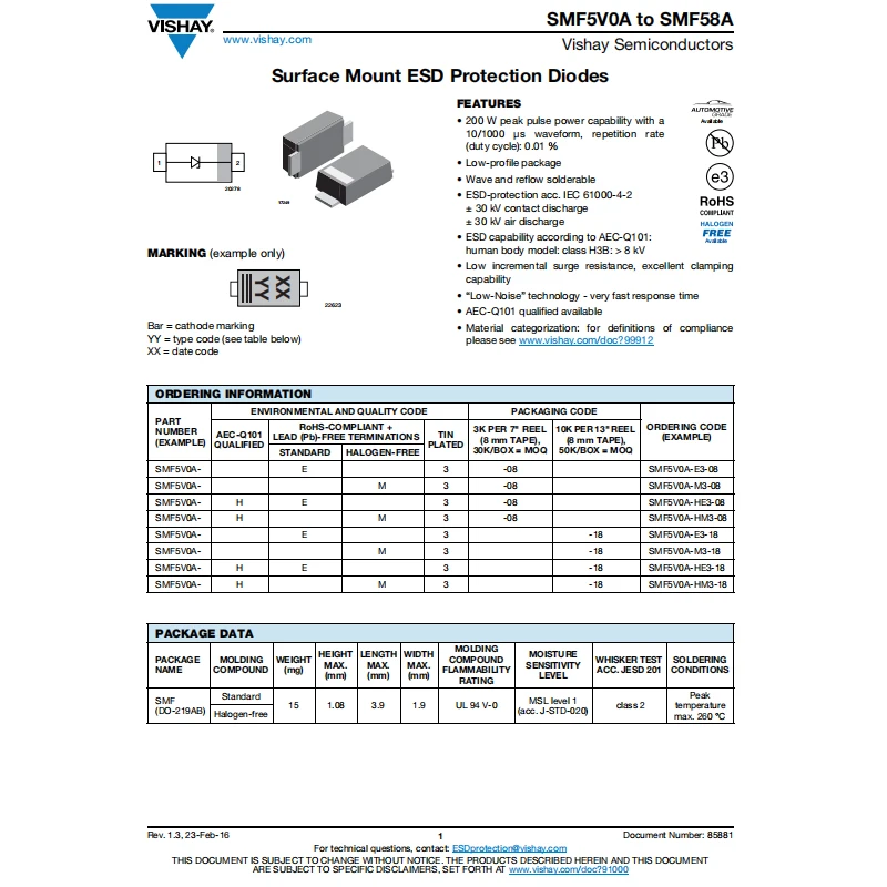SMD TVS Diode SOD-123 SMF5.0A SMF6.0A 6.5A 7.0A 7.5A SMF8.0A 8.5A 9.0A SMF10A 11A 12A SMF13A SMF14A SMF15A SMF16A SMF17A SMF18A