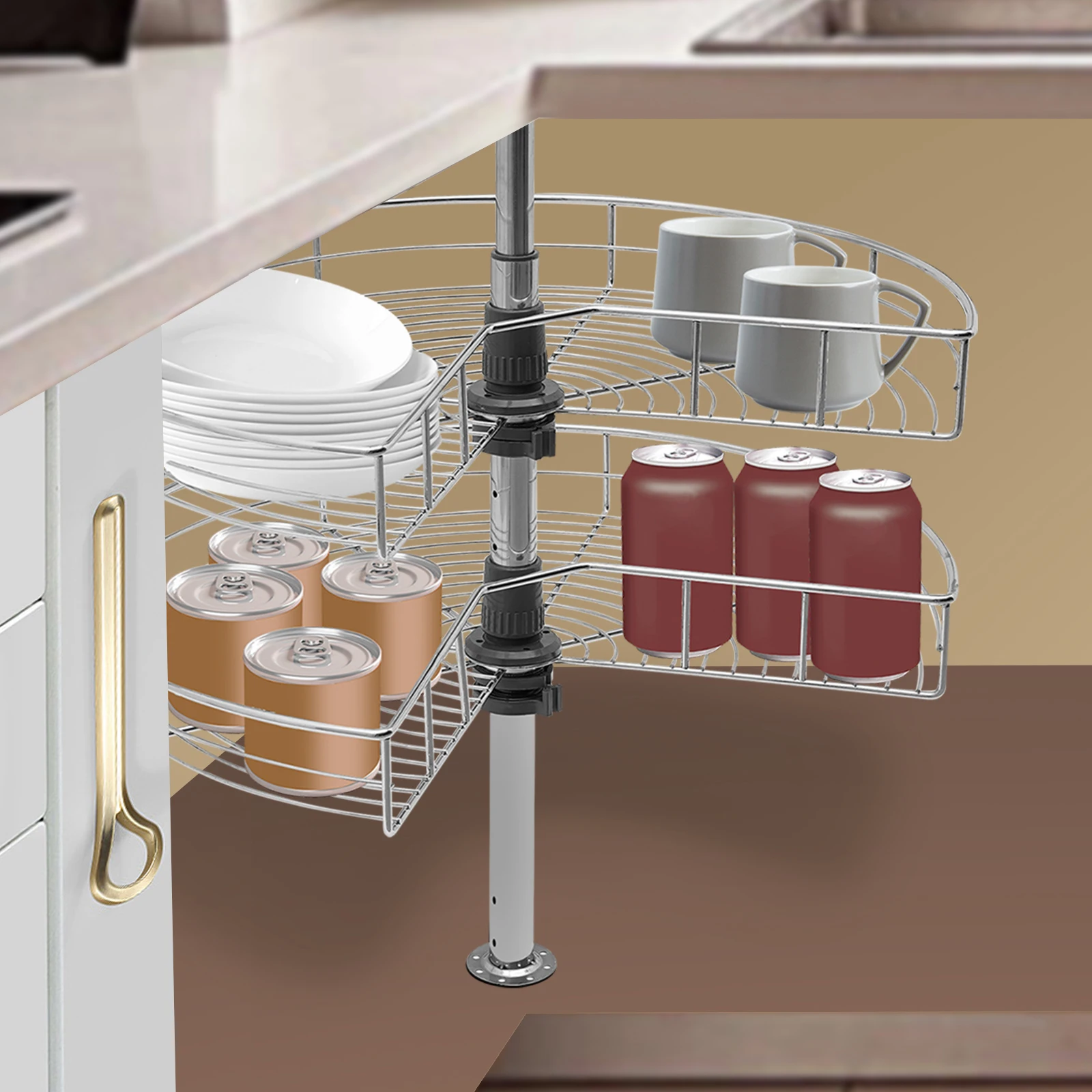 

[Rotating Storage Shelves Rack] 2-Tier Iron Electroplated Rotating Storage Rack - for Kitchen Corner - 360° Rotatable Removable
