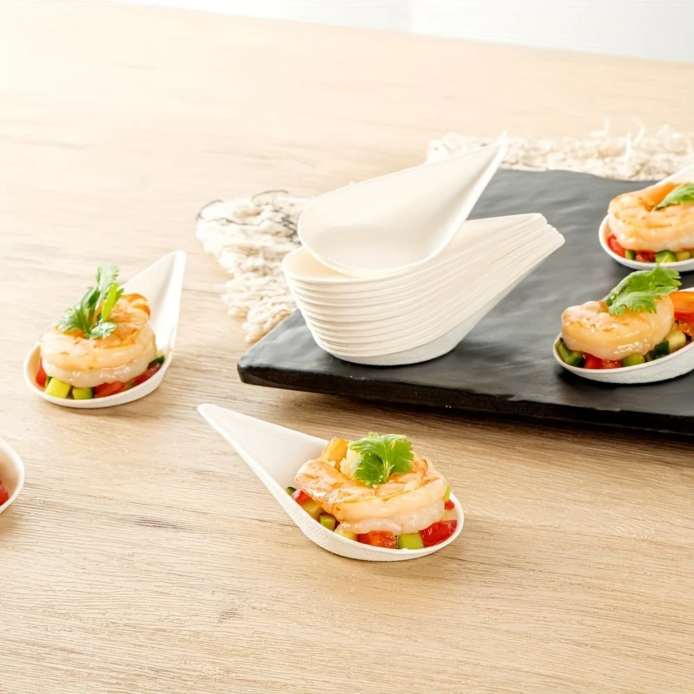 25/50Pcs Made from Sugarcane Waste, Creative Mini Serving Trays, 3.93inch Dipping Sauce Dishes, Suitable for Hot and Cold Foods, Parties, Gatherings, Camping, Picnics, Tasting Spoons, Dessert Spoons, Dipping Sauce Dishes view 5
