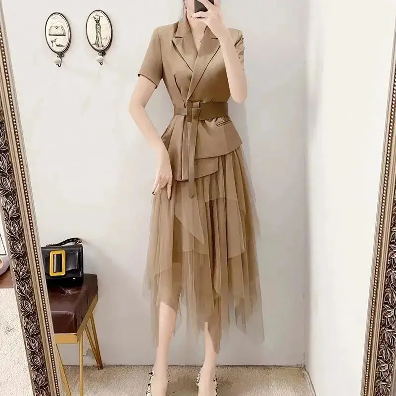 High End Socialite Suit Mesh Skirt Set for Women's Spring and Summer Professional Short Sleeved Waist Jacket Two-piece Set