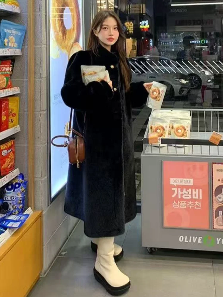 

Женская пушистая черная длинная куртка из искусственного меха, повседневная однотонная однобортная куртка с воротником-стойкой, свободное теплое пальто, женские зимние повседневные уличные пальто