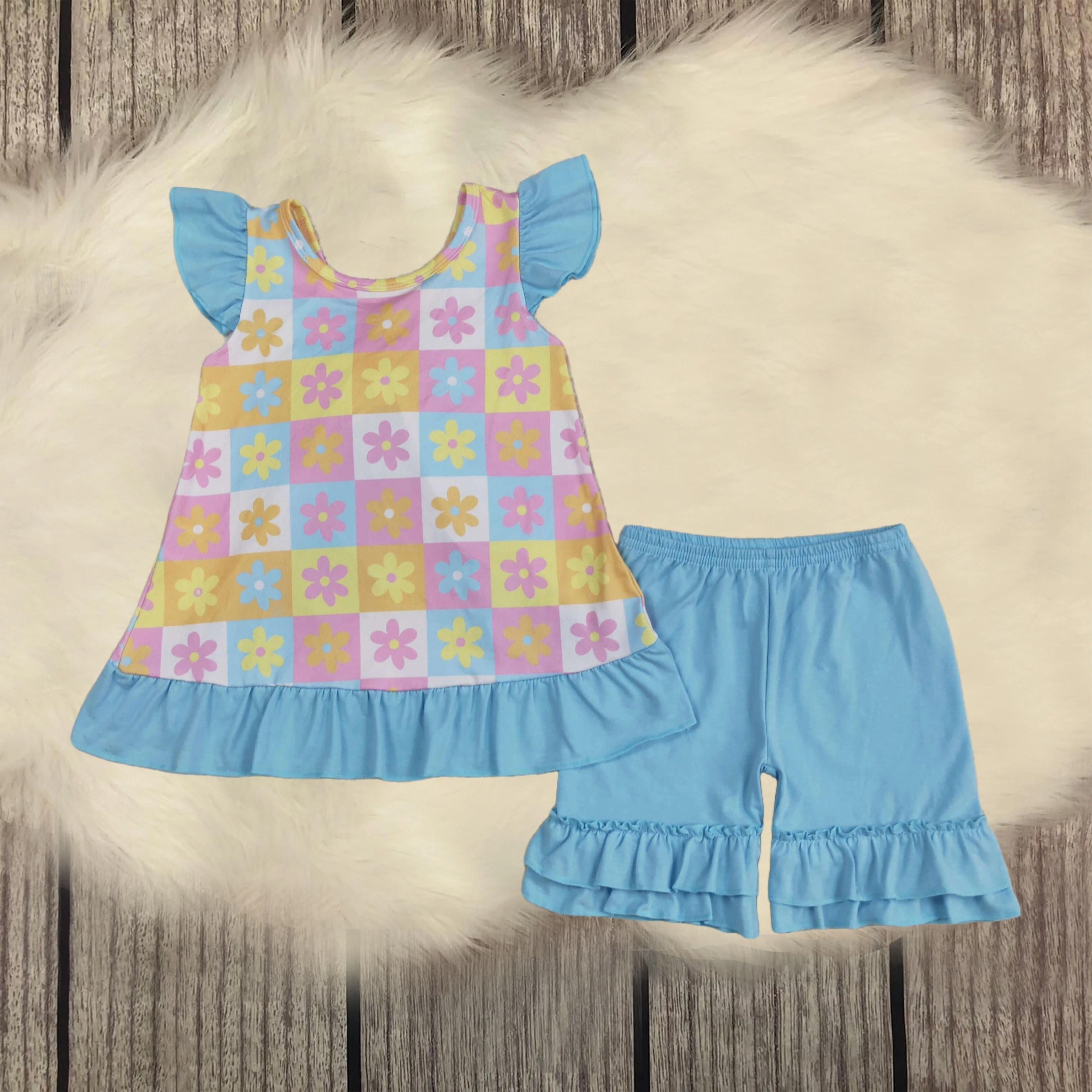 

Wholesale Baby Girls Blue Flutter Sleeves Flowers Plaid Tunic Ruffle Shorts Clothes Sets Summer Toddler Kids Children Outfit