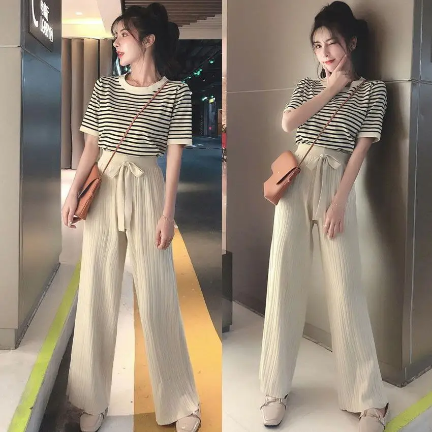 Vintage O-neck Short Sleeve Stripe T Shirt+ High Waist Wide Leg Pants Sweatsuits For Women Korean Fashion Streetwear Pants Sets