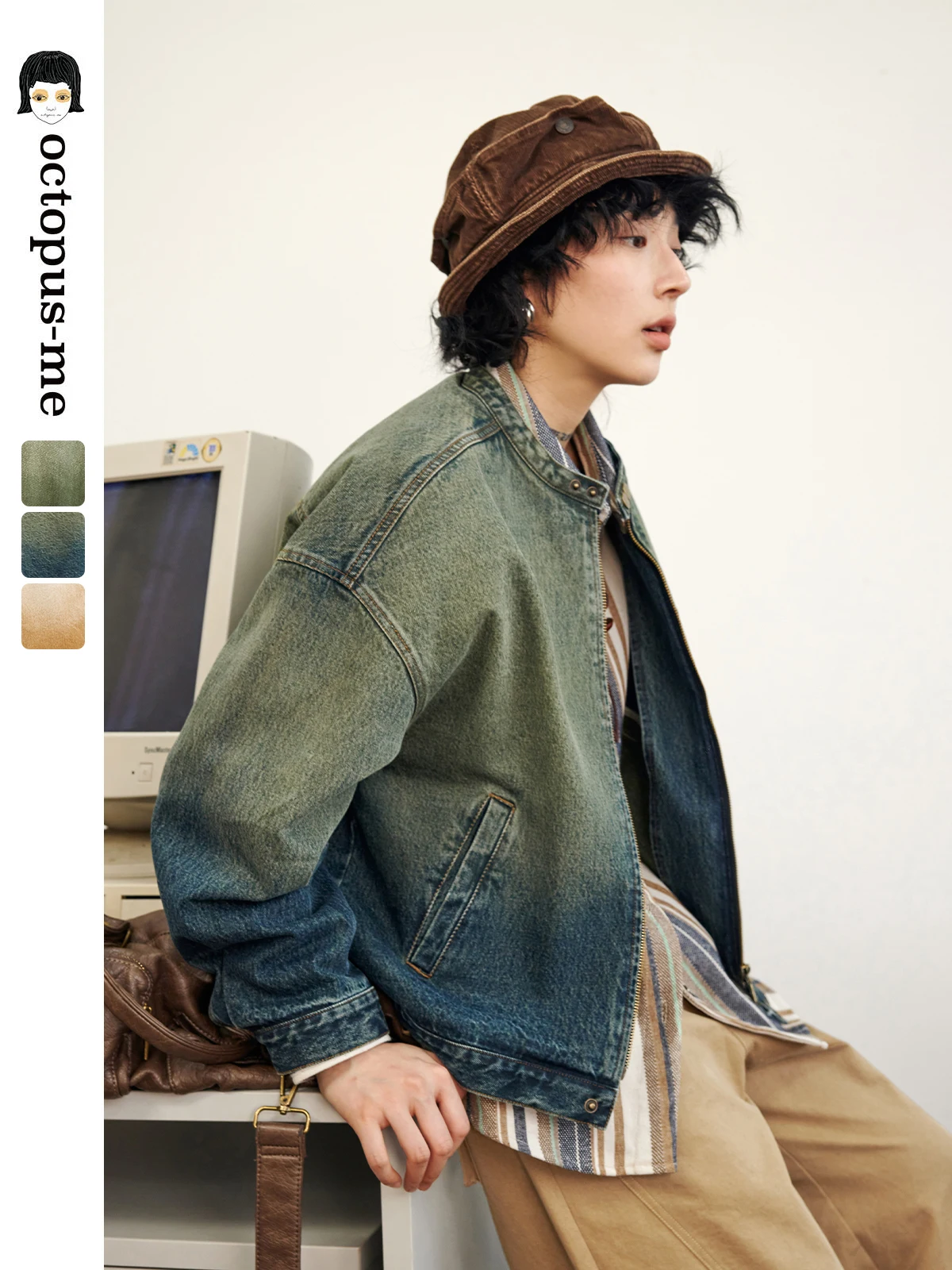 

Женская джинсовая куртка Octopusme ort Mint adient, свободного кроя, из хлопка, с длинными рукавами, круглым вырезом, для ранней весны, для повседневной носки