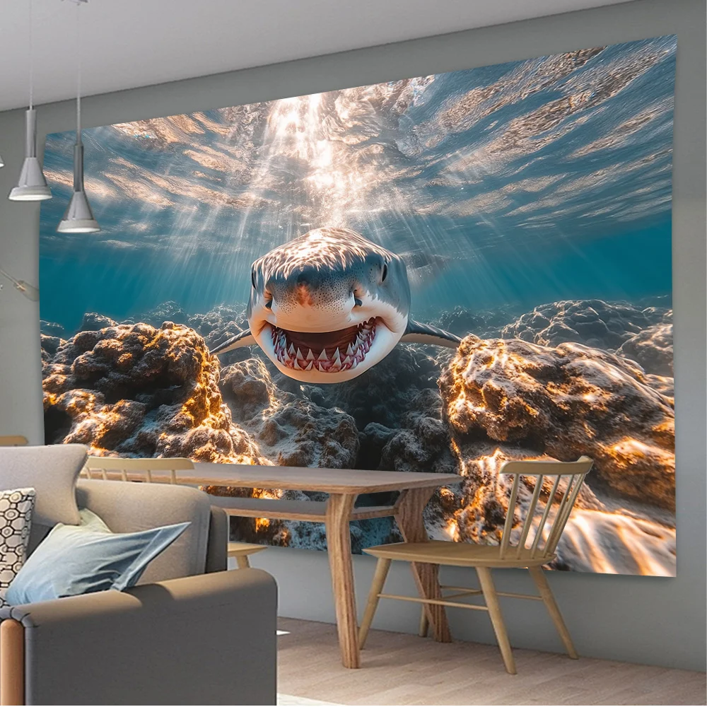 Underwater Shark Ocean Tapestry Marine Life Coral Reef Wall Hanging Sea Animal Decor Living Room Art Print