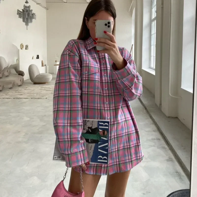 Autumn Women Vintage Plaid Shirt Top Elegant Y2K INS Fashion Long Sleeve Turn Down Collar Single Breasted Pocket Loose Blouse