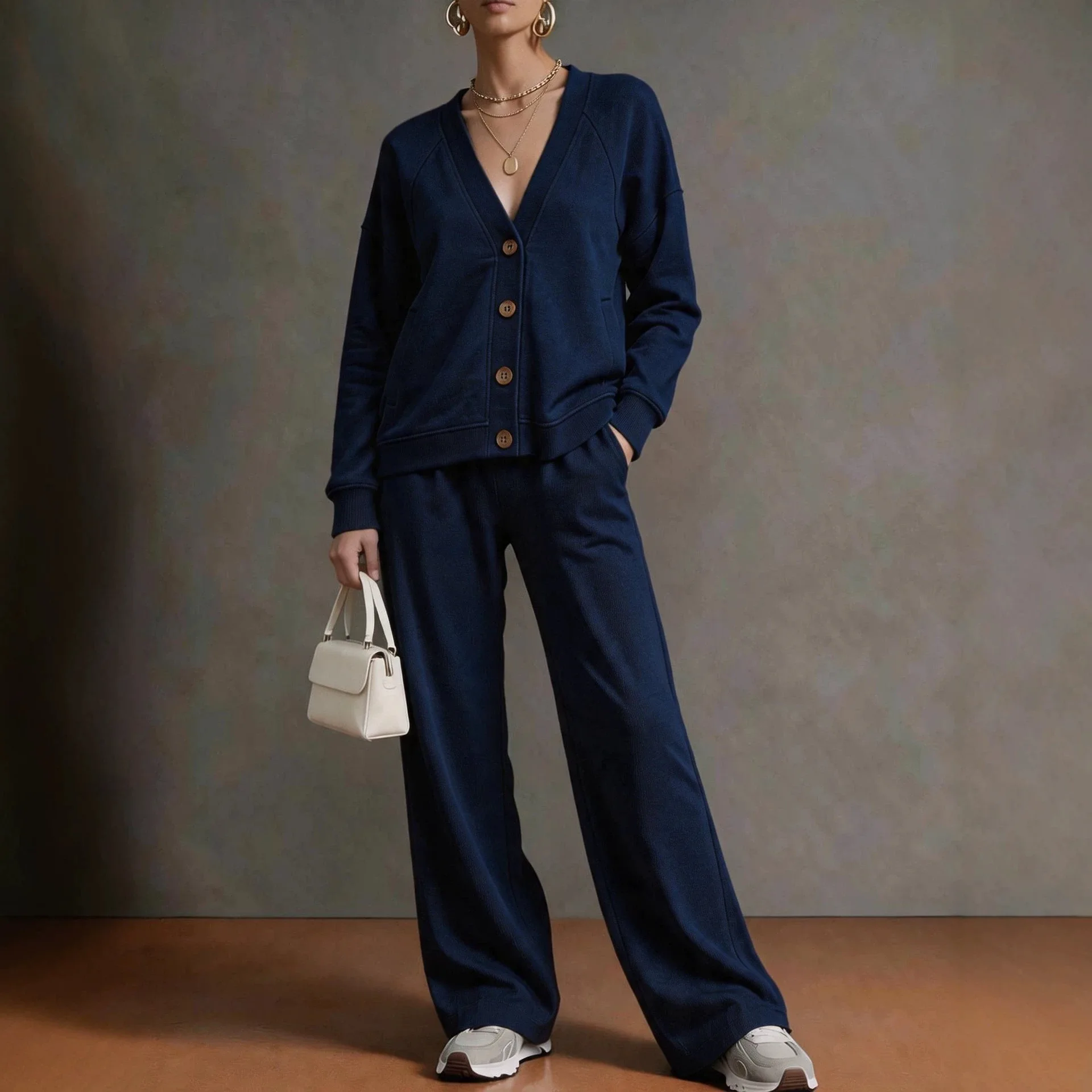 Cardigan And Wide Leg Pants Set For Women V Neck Button Down Long Sleeve Two Piece Loose Fit Office Autumn Suit