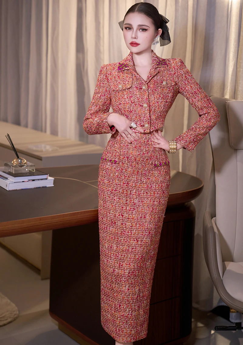 ZJYT Elegante luxe korte tweed wollen jas en lange rok 2-delige bijpassende set herfst winter 2025 damesoutfit feestpakken