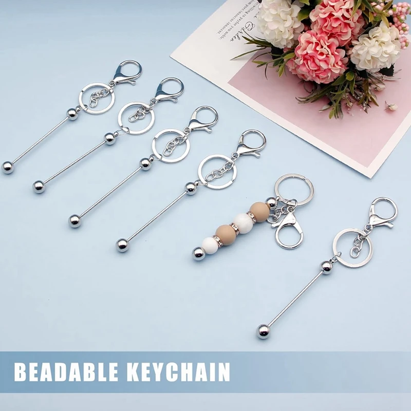 

12 Pcs Beadable Keychain Bars For Beads Blank Keychain Metal Beaded Keychain For Keychain Jewelry Making Kit Kids ,Silver