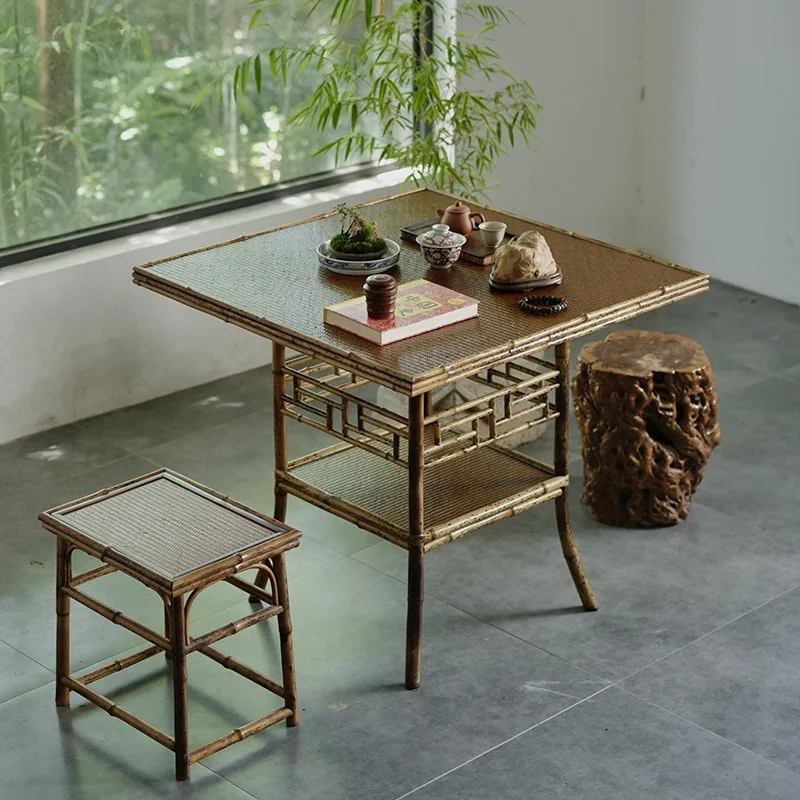 Square table, antique Ming-style leisure table, household tea table, original bamboo furniture square stool set