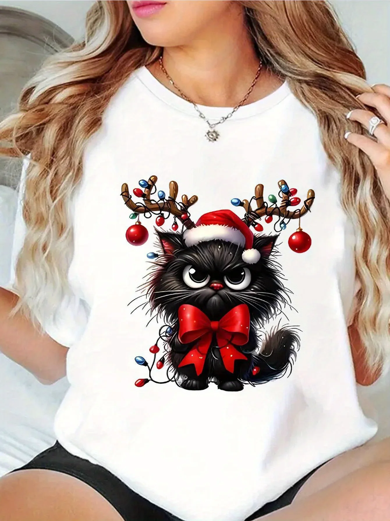 2025, neues Damen-Weihnachtskatzen-T-Shirt, bezaubernd mit Weihnachtsmütze und Geweih, perfekt für Urlaubspartys und Alltag
