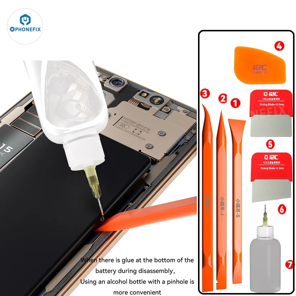 

Набор инструментов для электронной разборки i2C 7 в 1, лезвие Spudger и бутылка для спирта для снятия батареи на экране отверстия мобильного телефона