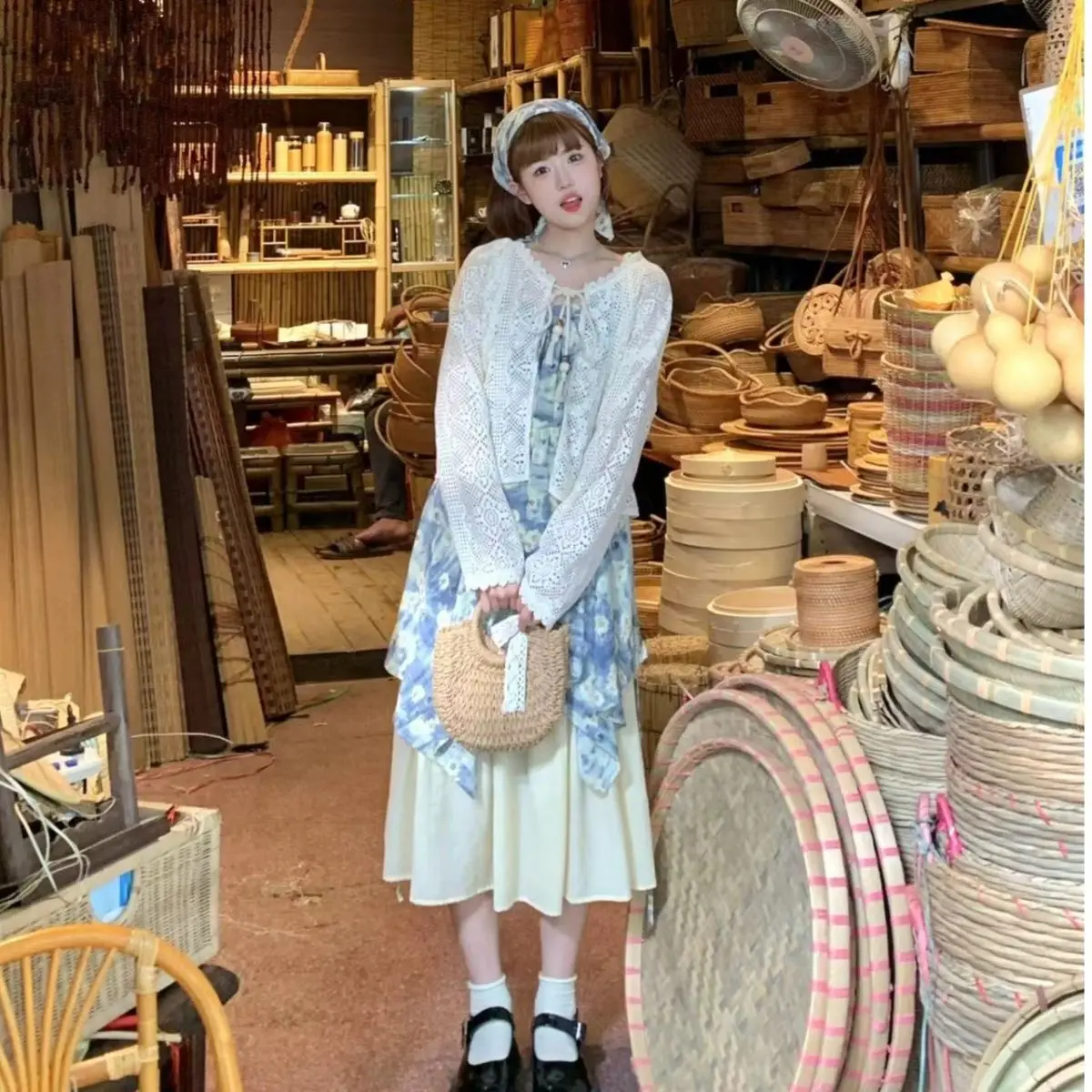 Sweet Prairie Chic Style Blue Floral Dress for Women Summer Irregular Contrast Adjustable Suspender Fashionable Long Dress