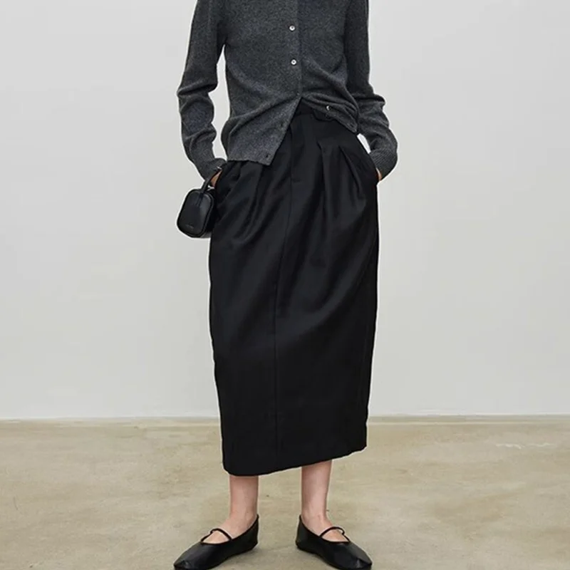 กระโปรงทรงเอวสูงจีบสีดำสไตล์มินิมอลแบบฝรั่งเศสของเจนนี่แอนด์เดฟ  ชุดสูทผ้าขนสัตว์สำหรับผู้หญิง  กระโปรงทรงหรูหรา