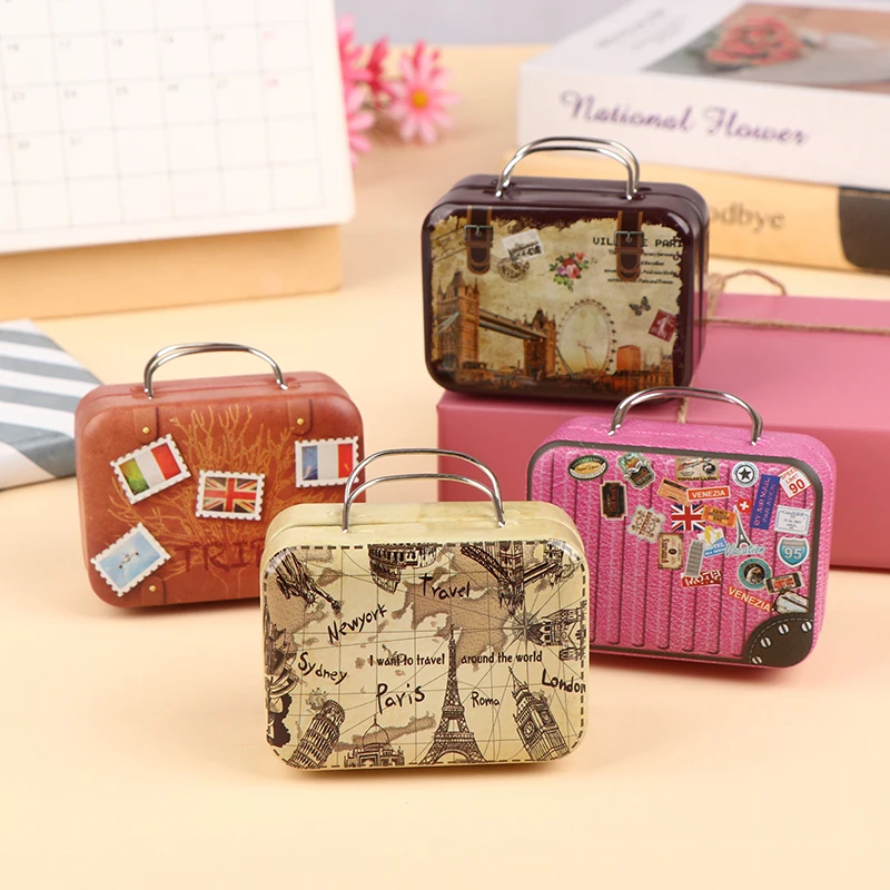 1 PC Retro Mini Travel Suitcase Candy Box Tinplate Suitcase Small Candy Snack Packaging Chocolate Favor Gift Box Packaging Bag