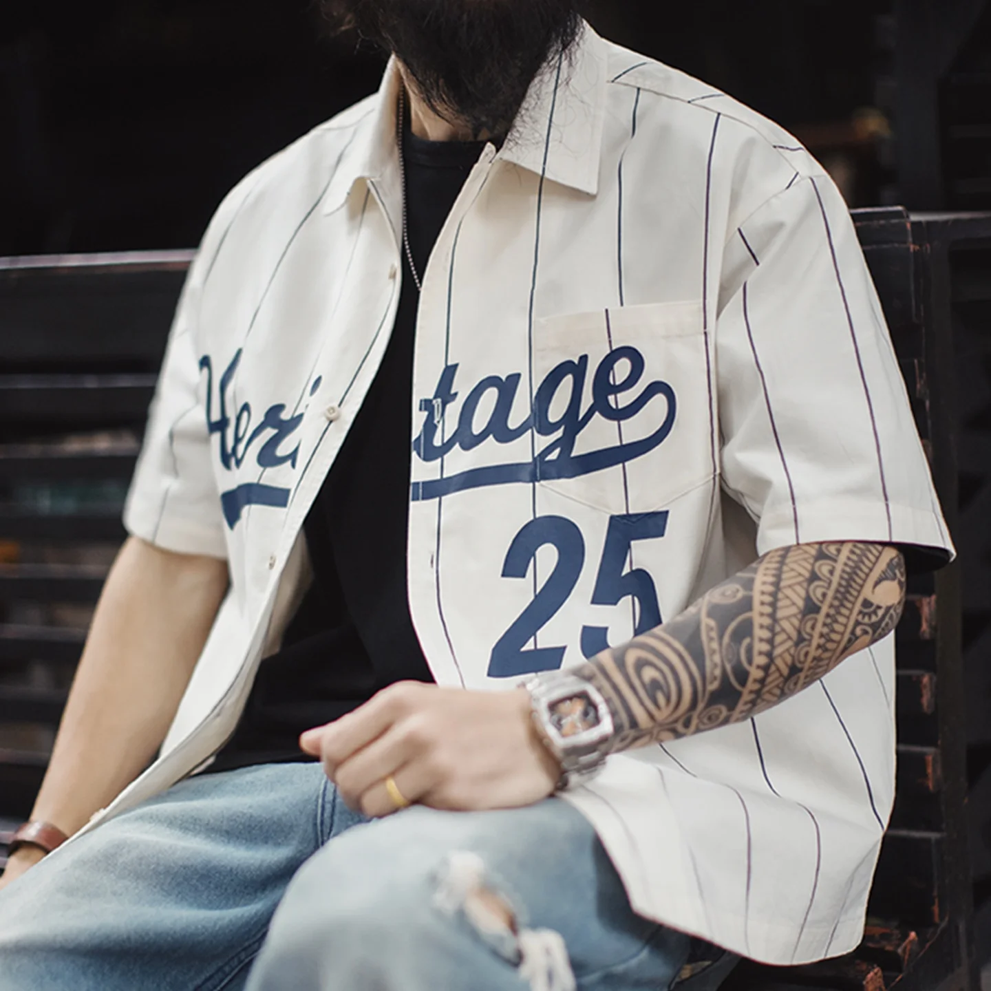 

Maden Men's Square Collar Striped Shirt Baseball Print American Retro Workwear Loose Japanese Style Thin Short Sleeve Men Outer