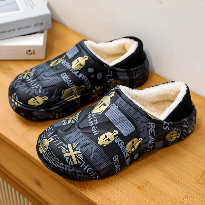 Zapatillas de invierno de piel cálida para hombre, zapatos de algodón peludos impermeables de camuflaje para interior y hogar, tacón envuelto, tobogán esponjoso, zuecos de felpa