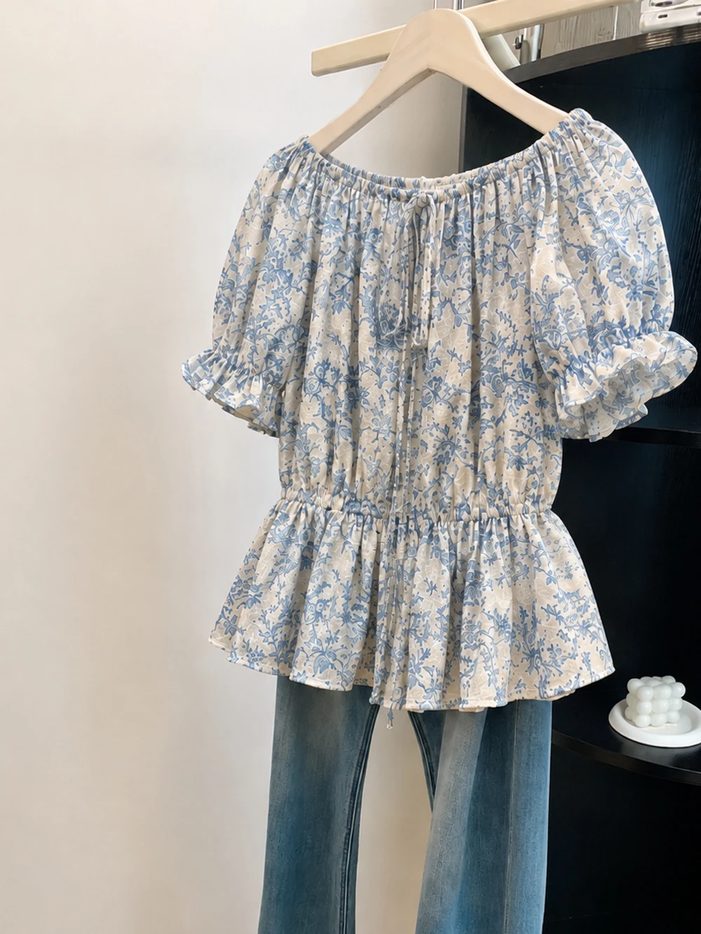Sweet Floral Shoulder Bridesmaid Shirt Summer Thin Chiffon Bubble Sleeve Drawstring Waist Slimming Casual Style Short Sleeve