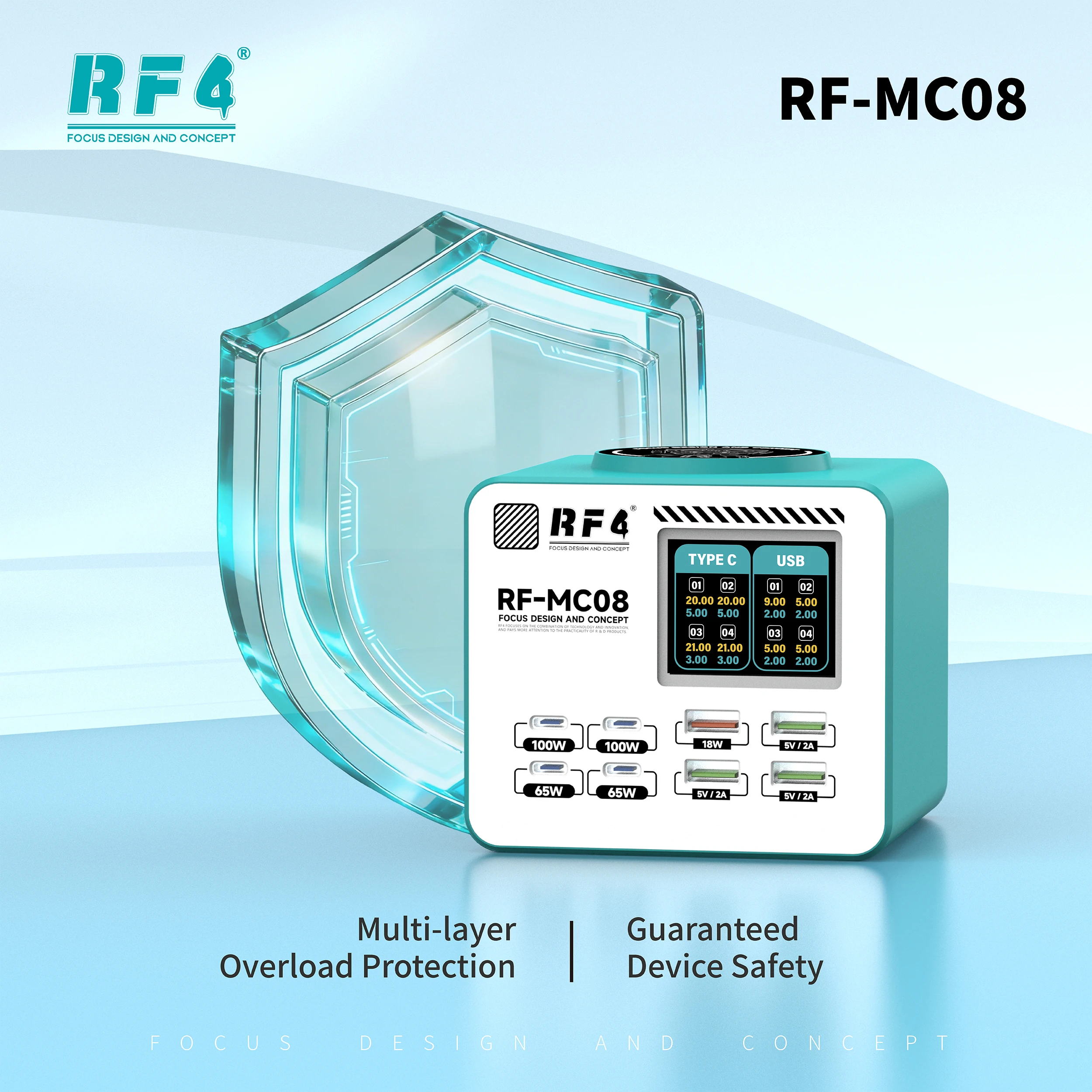 RF4 RF-MC08 Smart Multi-Port Charger   Single Port Up To 100W  Supports Laptop Charging Maintains Full Speed Multiple Devices
