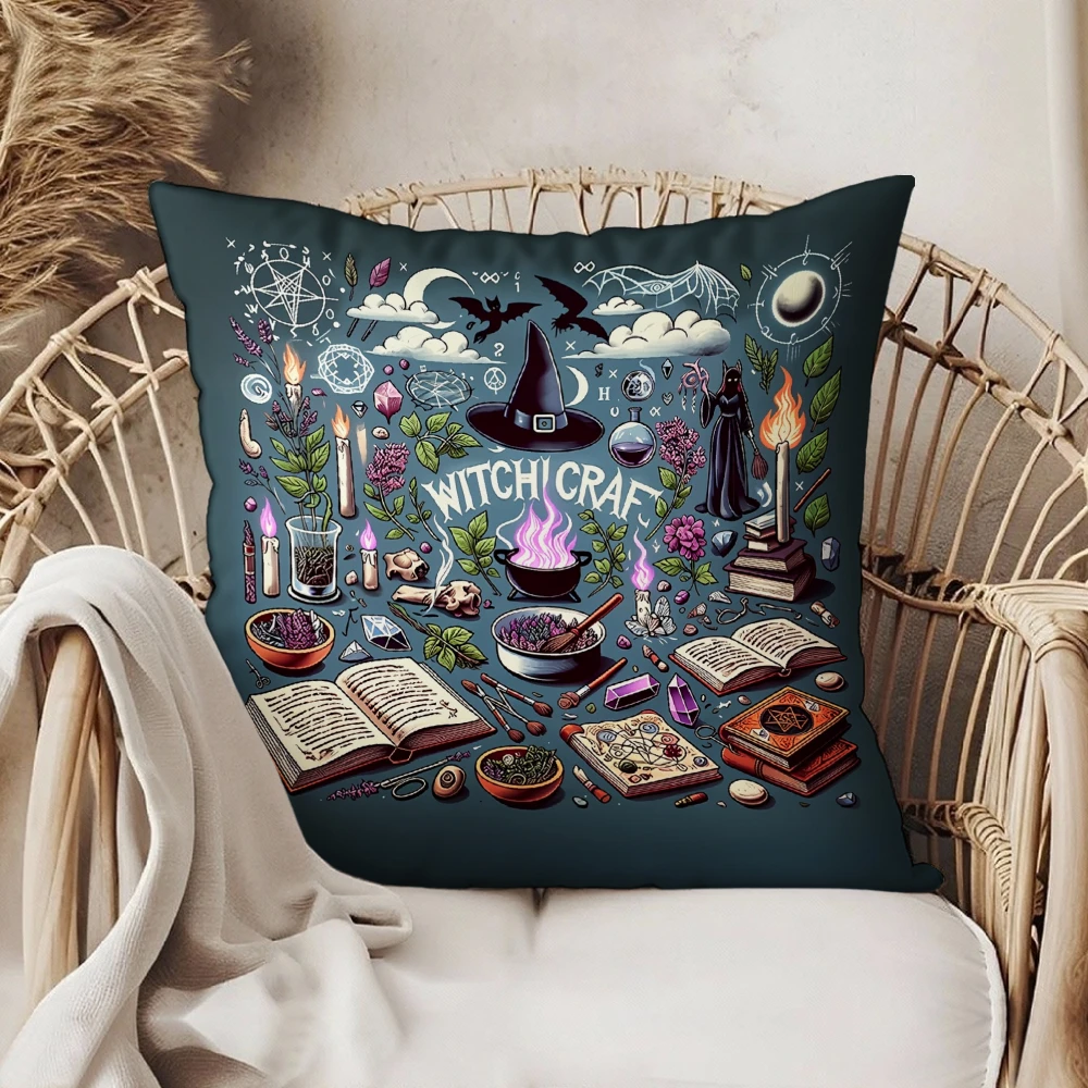 Decorative Throw Pillow Case Dark Blue Witchcraft Magic Herbs Books And Candles Print For Living Room Sofa Bedroom Home Decor