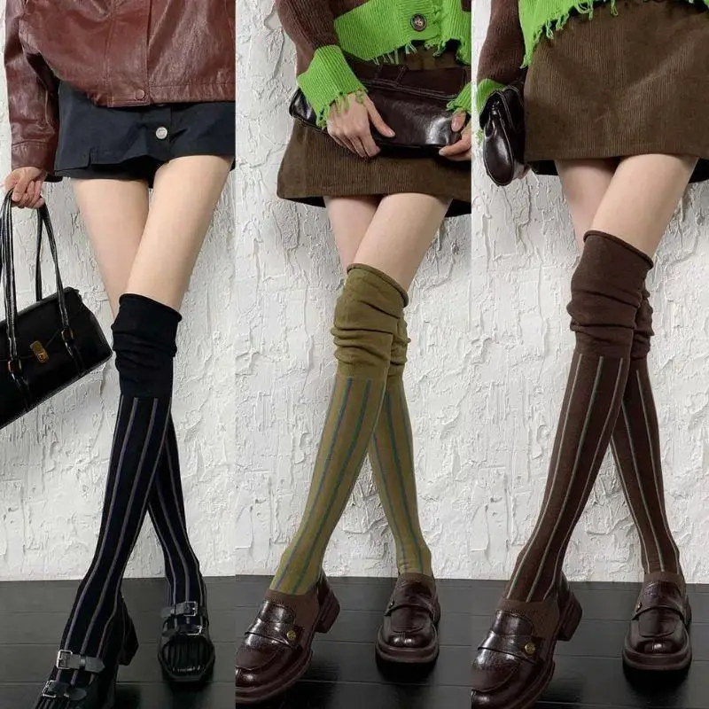 

Trendy Contrasting Vertical Stripes Stockings Women's New Personalized Fashion Show High Knee Over Loose Mouth Pile Long Socks