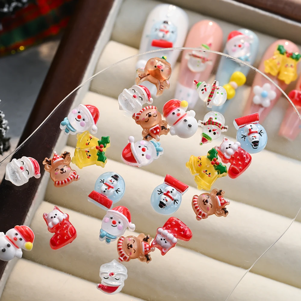 50개/봉지 3D 레진 크리스마스 네일 참 귀여운 눈사람 엘크 산타클로스 네일 아트 라인스톤 크리스마스 겨울 네일 장식