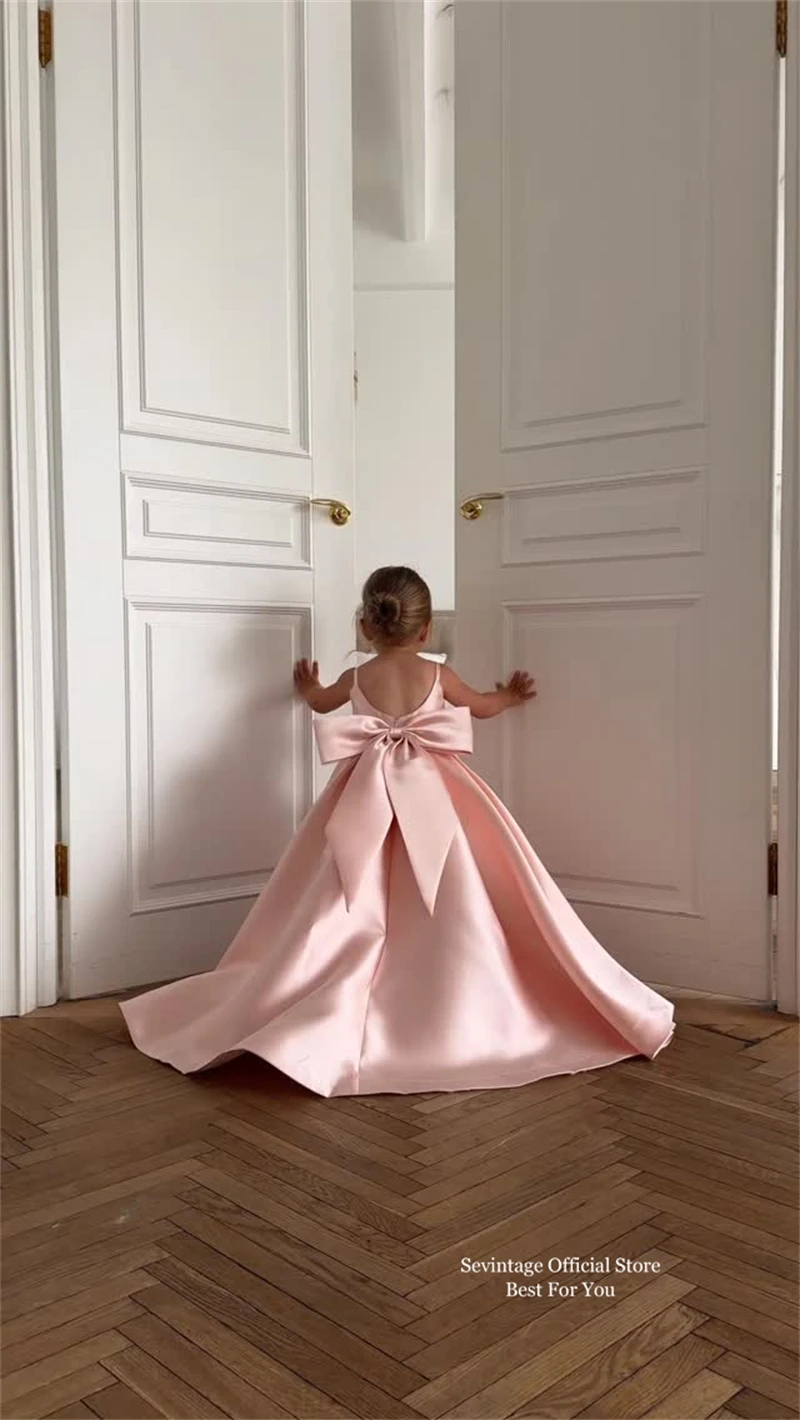 Sevintage lindo Rosa bebé vestidos de flores arco espalda cumpleaños chico vestido de fiesta vestidos de boda para niños ropa de niña 2026 personalizado