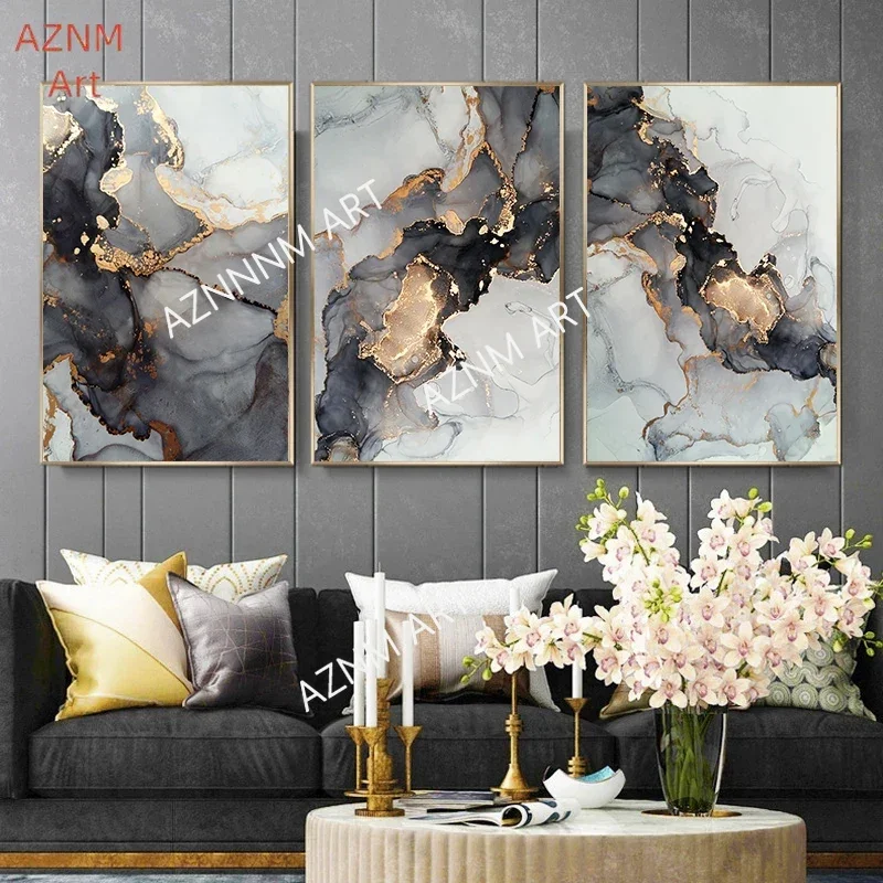 1/3PCS skandinavische minimalistische ästhetische Wandkunst Gold Schwarz Marmor Luxus abstrakte HD Poster Drucke für Zuhause Schlafzimmer