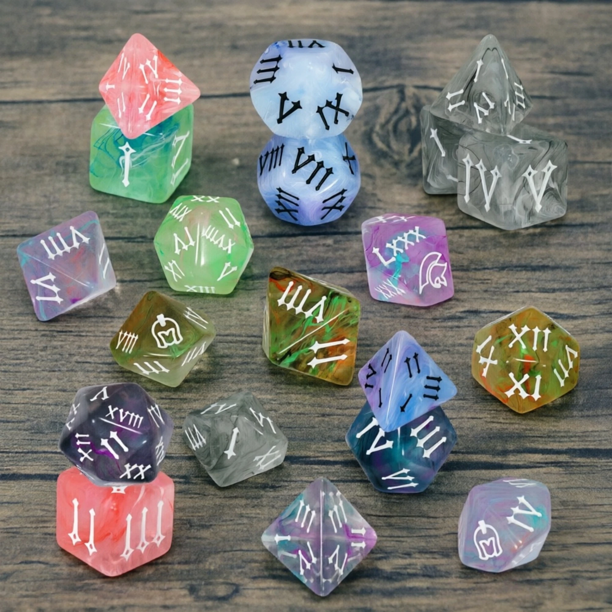 Roman Digital Dice 7pcs Role Play Polyhedral Dice for DND RPG Board Game, Vortex Fog Effect Dice, as Collection Desktop Ornament