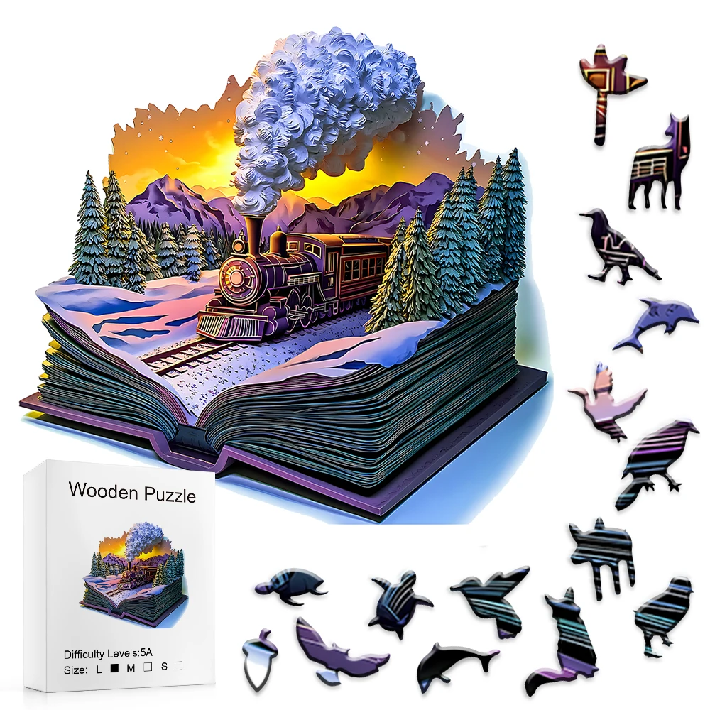 Fantasy Book Steam Locomotive Wooden Puzzle Special Animal Pieces Challenging Adult Puzzle Mountain Sunset Wall Decor Gift