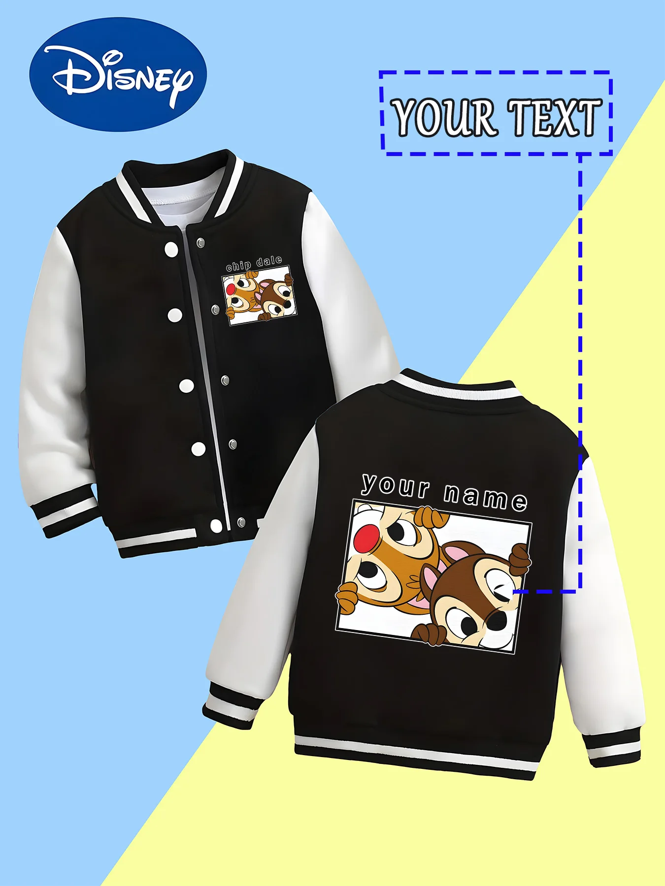 

MINISO Disney Chip & Dale's adorable boys' baseball jacket - featuring a playful Chip & Dale photo frame and customizable with "