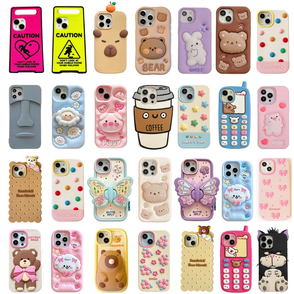 

For iPhone 16, 16 Pro, 16 Promax, 3D Cute Cartoon Soft Silicone Phone Case, Shockproof Back Cover, Pretty Animals, 3D, Hot