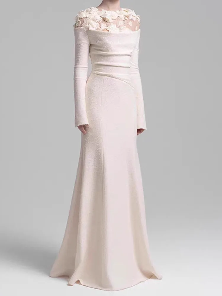 DFDG Vestido largo con textura y apliques florales de diseñador para mujer, elegante vestido de fiesta de Boutique con cintura adelgazante para noche, primavera y otoño, 2025