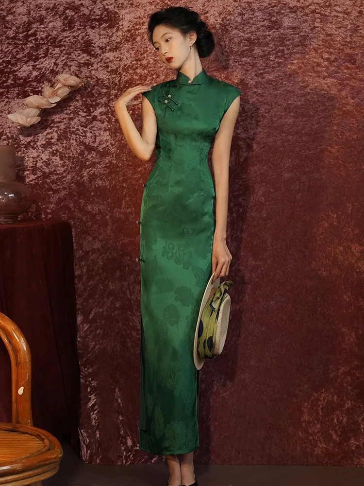 

Элегантное длинное платье-ципао с высоким воротом и разрезом, из полиэфирного волокна, с коротким рукавом, в ретро-стиле, для экзаменов в вузы