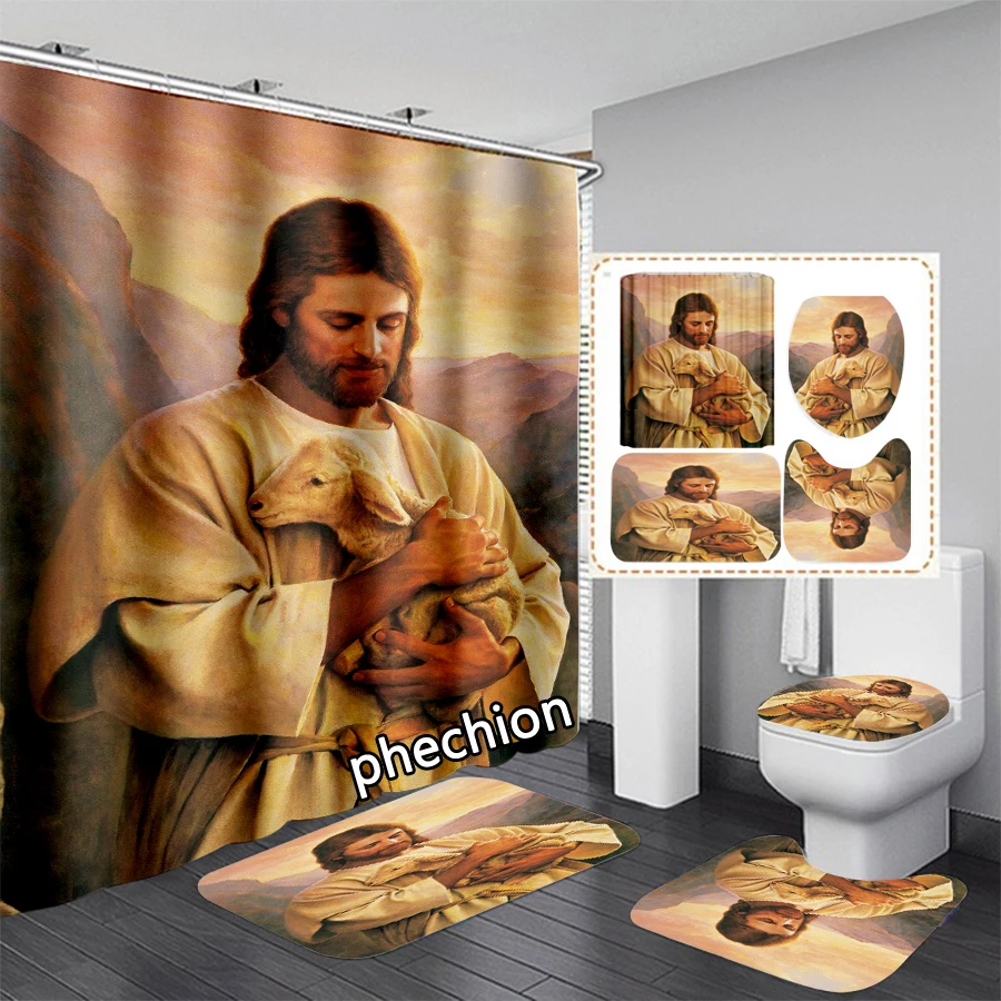 phechion 3D Print Jesus Shower Curtain Waterproof Bathroom Curtain Anti-slip Bath Mat Set Toilet Rugs Carpet Home Decor  VC01