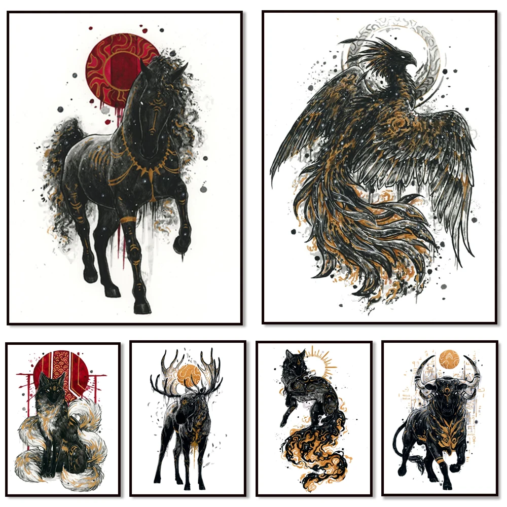 mythical creature dragon wolf horse three-legged crow horned snake three-clawed dragon swan modern art animal canvas poster