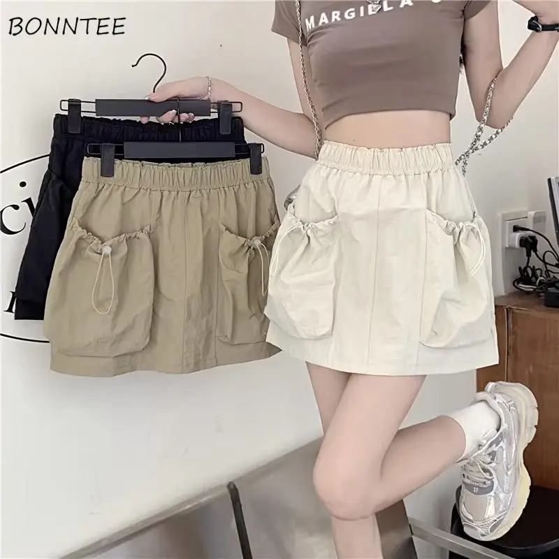 

Skirts Women Safari Style Retro Sporty Pockets Simple Loose Causal Design Ladies Mini Faldas Tender Ulzzang Streetwear All-match