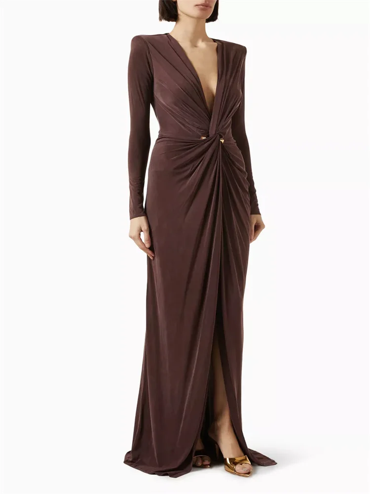 

Customized Elegant Twisted Metal Jewelry Red Carpet Dress Long-sleeved Deep V-neck Pleated Dress Front Slit Back Hollow Dress