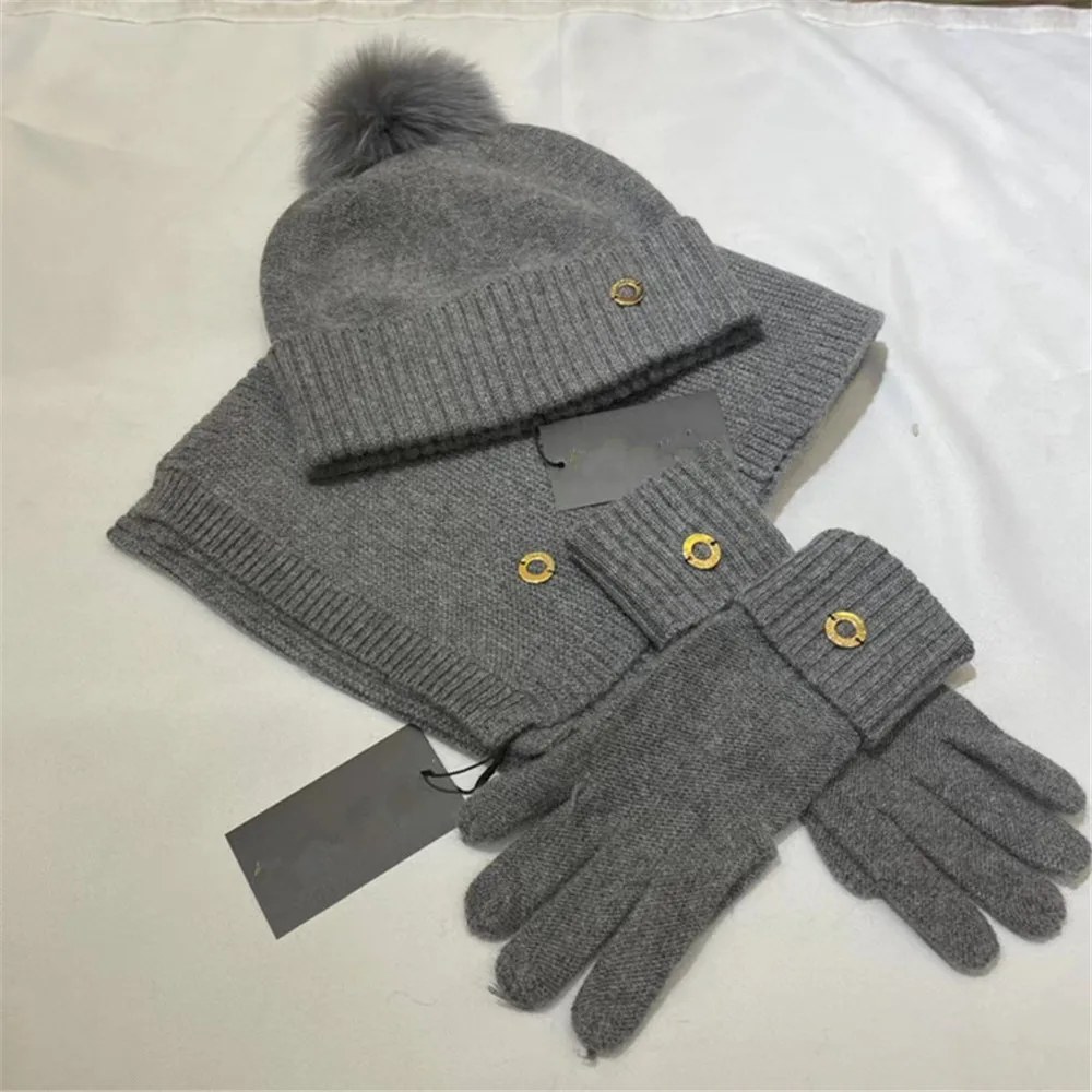 Winter Warm Wool Knitting Set Fox Fur Hat Gloves And Scarf Men and Women Cold Three-Piece Set Of L*P