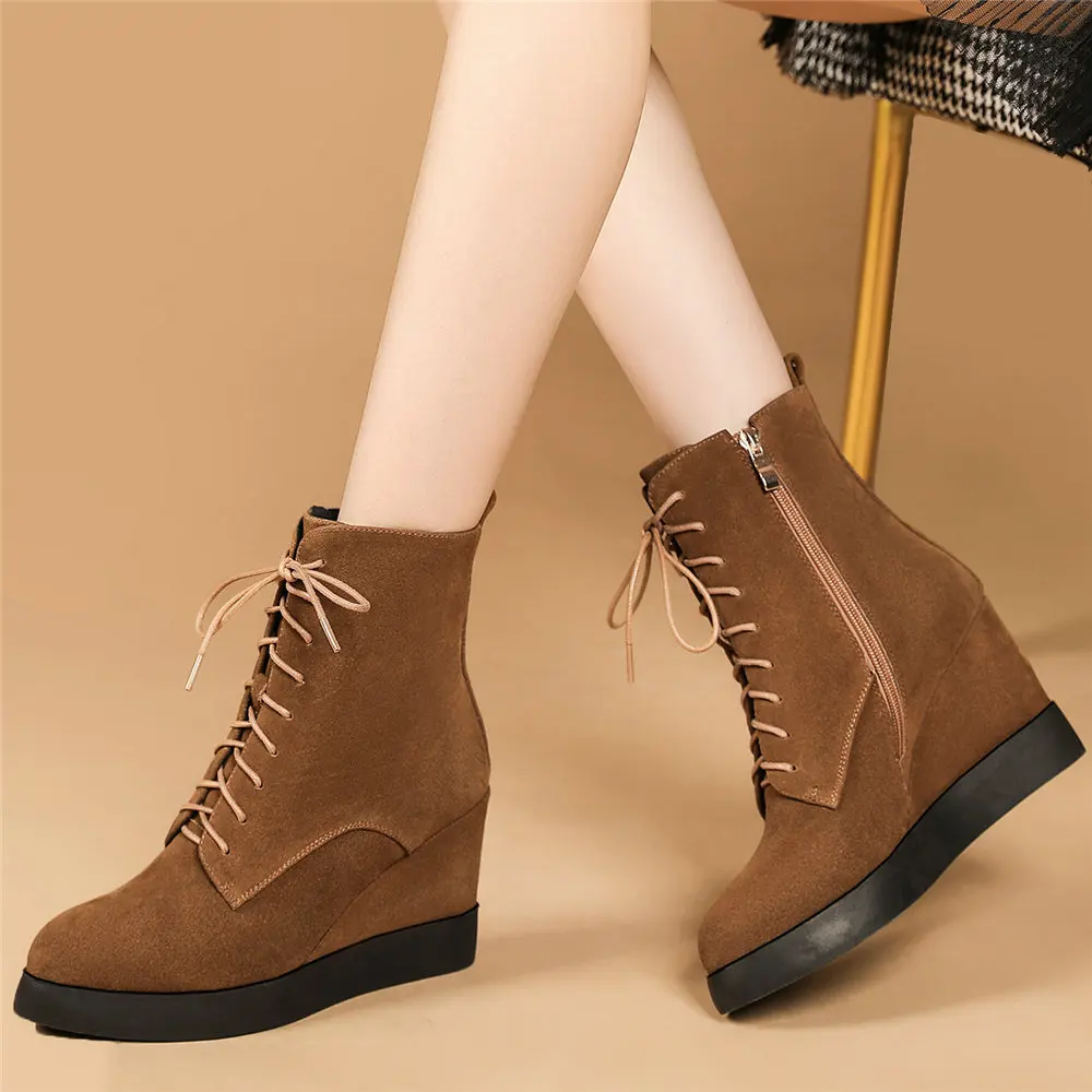 Women\'s Suede Leather Ankle Boots Lace Up Platform Wedge High Heel Western Chelsea Oxfords Casual Shoes